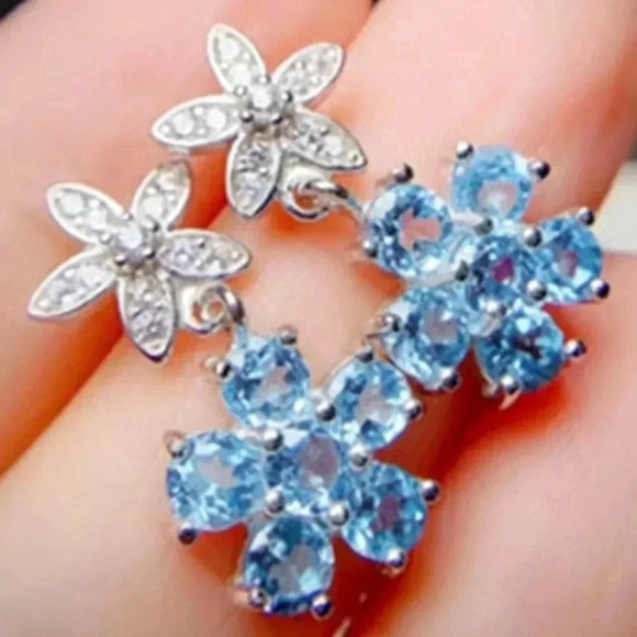 💎 New Arrival Fashion Sea Blue Flower Dangle Drop Earrings, GPMB1525 - Picture 3 of 5